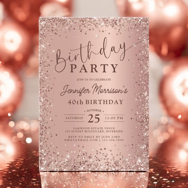 Invitación Elegante Rosa metálico Purpurina de oro 40 cumplea (Subido por el creador)