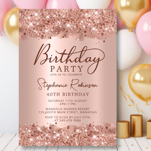 Invitación Elegante Rosa metálico Purpurina de oro 40 cumplea (Subido por el creador)