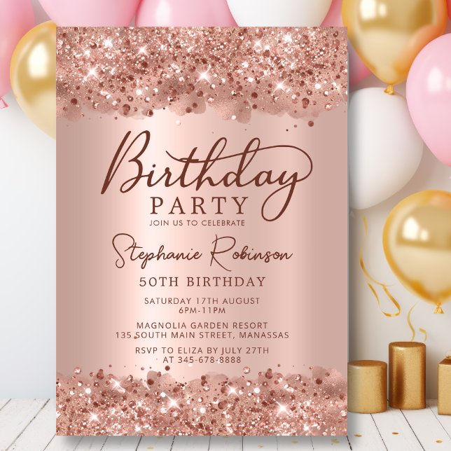Invitación Elegante Rosa metálico Purpurina de oro 50 cumplea (Subido por el creador)