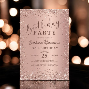 Invitación Elegante Rosa Metalizado Purpurina de oro  90 cump