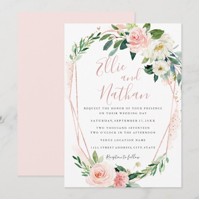 Invitación Elegante Rosa moderno Boda de flores de oro (Anverso / Reverso)