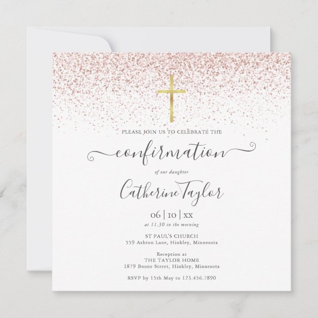 Invitación Elegante Rosa Moderno Dorado Brillo Confirmación (Anverso)