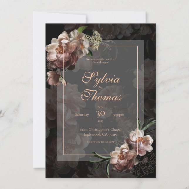 Invitación Elegante Rosa Moody Boda floral dorado (Anverso)