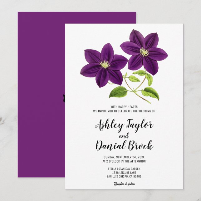 Invitación Elegante rosa morado acuarela Boda floral Invi (Anverso / Reverso)