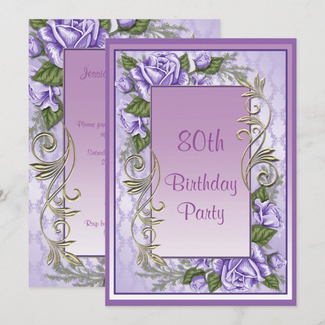 Invitación Elegante Rosa morado enmarcado en 80 años (Anverso / Reverso)