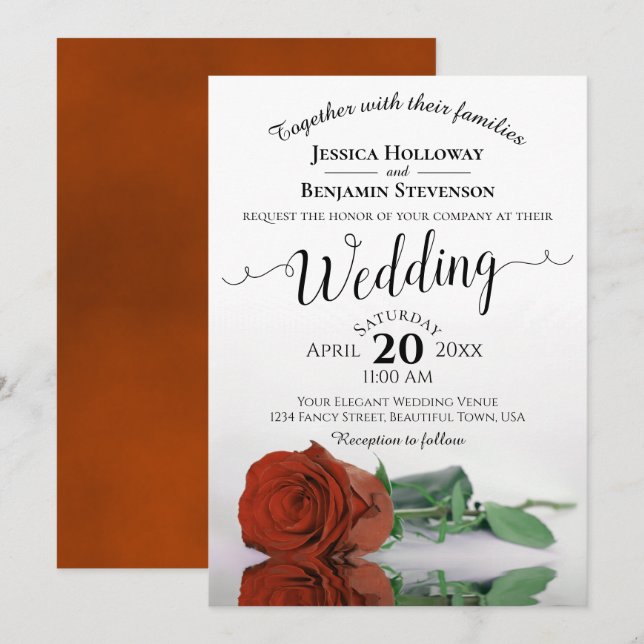 Invitación Elegante Rosa Naranja de estampado largo Boda (Anverso / Reverso)