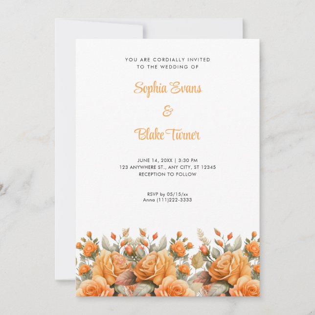 Invitación Elegante Rosa Naranja Jardín Boda Blanco (Anverso)