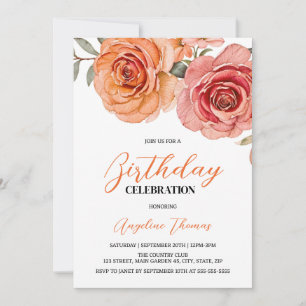Invitación Elegante Rosa Naranja Rojo Floral Cumpleaños