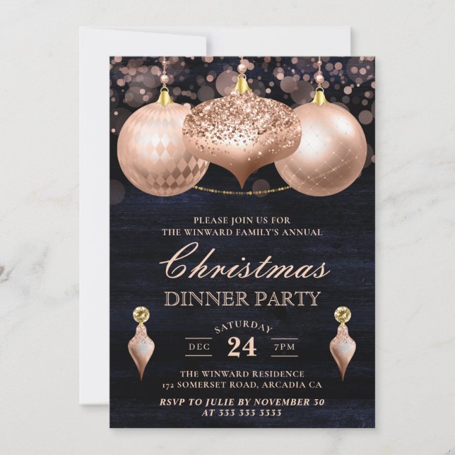 Invitación Elegante Rosa Navidades de los Baubles de Oro Fies (Anverso)