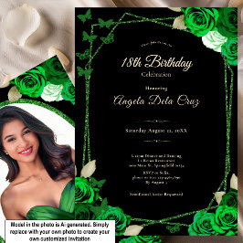Invitación Elegante Rosa Negra y Verde Debut de Cumpleaños 18