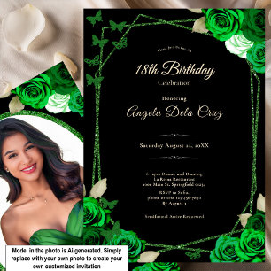 Invitación Elegante Rosa Negra y Verde Debut de Cumpleaños 18