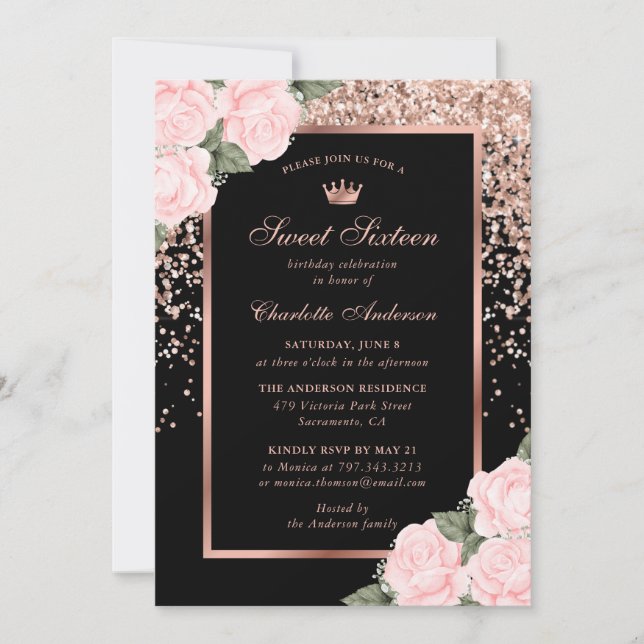 Invitación Elegante Rosa negro dorado dulce rosa 16 cumpleaño (Anverso)