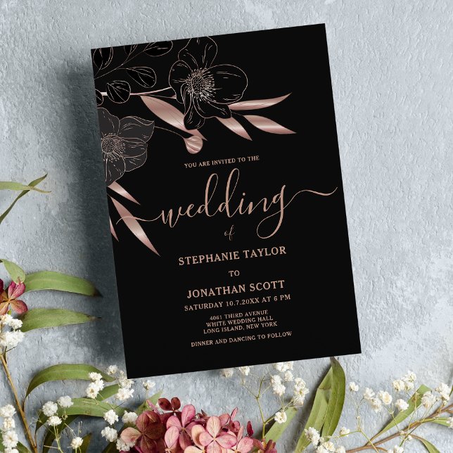Invitación Elegante rosa negro dorado floral elegante boda (Classy black rose gold floral elegant wedding )