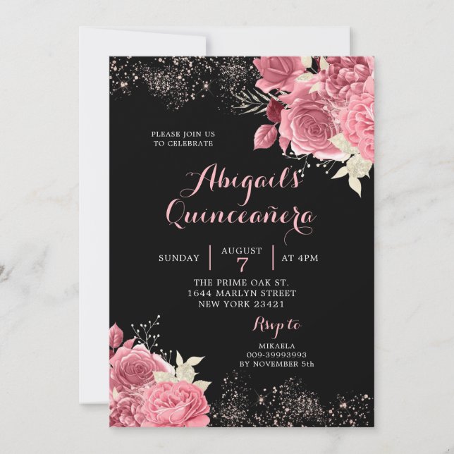Invitación Elegante Rosa Negro Dorado Floral Quinceañera (Anverso)
