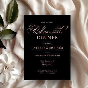 Invitación Elegante Rosa negro guión dorado ensayo cena