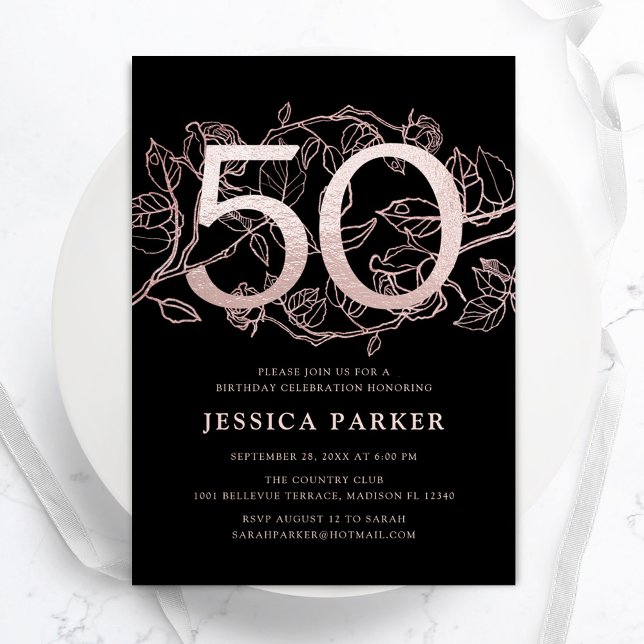 Invitación Elegante Rosa Negro Oro 50 cumpleaños (Subido por el creador)