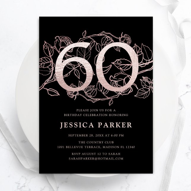 Invitación Elegante Rosa Negro Oro 60 cumpleaños (Subido por el creador)