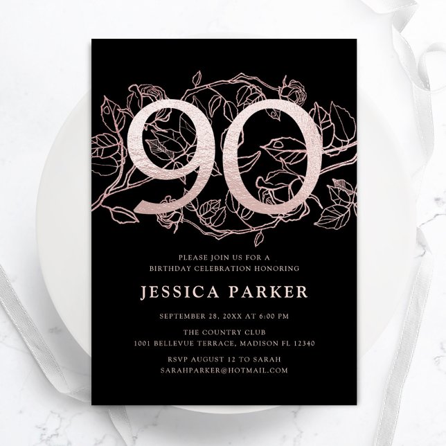 Invitación Elegante Rosa Negro Oro 90 cumpleaños (Subido por el creador)