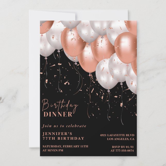Invitación Elegante Rosa negro oro Cena 77 cumpleaños (Anverso)