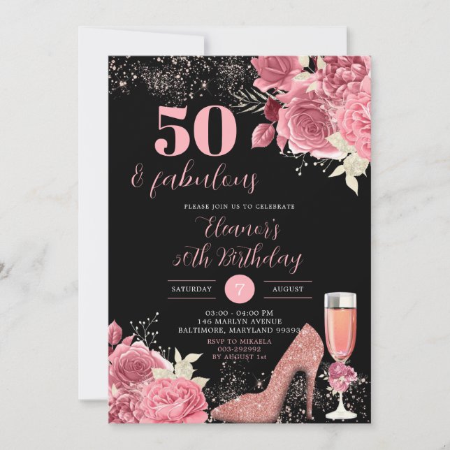 Invitación Elegante Rosa Negro Oro Champagne Adulto Cumpleaño (Anverso)