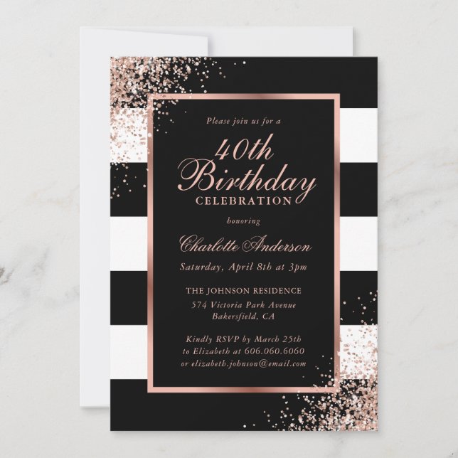 Invitación Elegante Rosa Negro Oro Confetti 40 cumpleaños (Anverso)