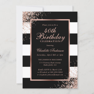 Invitación Elegante Rosa Negro Oro Confetti 40 cumpleaños