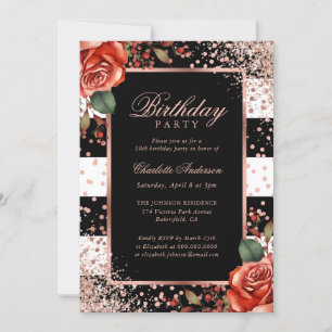 Invitación Elegante Rosa Negro Oro Confetti Cumpleaños Floral