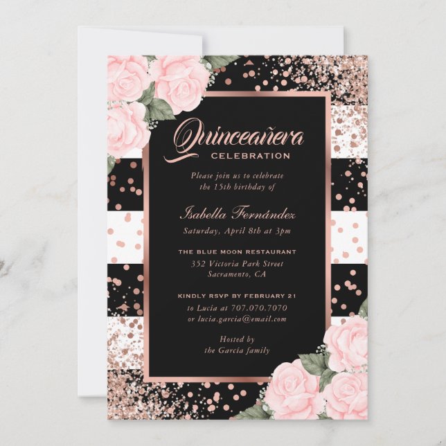 Invitación Elegante Rosa Negro Oro Floral Rosa Quinceañera (Anverso)