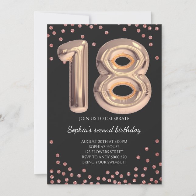 Invitación Elegante Rosa negro Purpurina de oro 18 cumpleaños (Anverso)