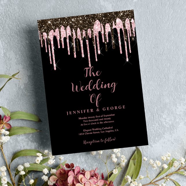 Invitación Elegante rosa negro purpurina oro goteo boda (Stylish black rose gold glitter drips wedding)
