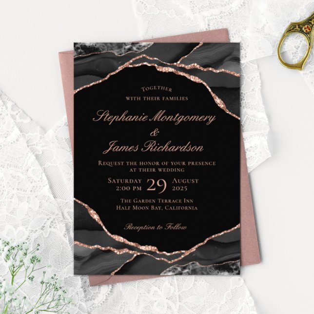 Invitación Elegante Rosa negro Relieve metalizado dorado Agat (Subido por el creador)