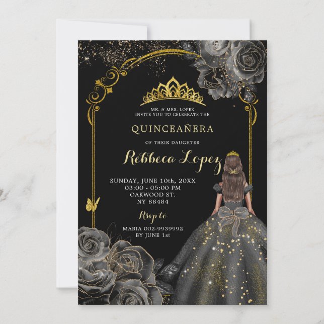 Invitación Elegante Rosa negro y princesa de oro Quinceañera (Anverso)