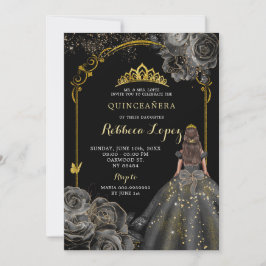 Invitación Elegante Rosa negro y princesa de oro Quinceañera