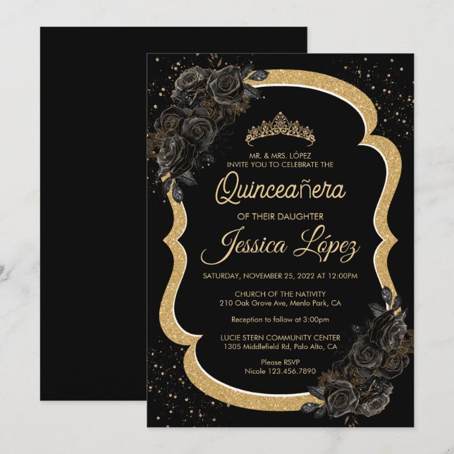 Invitación Elegante Rosa negro y quinceanera de oro (Anverso / Reverso)
