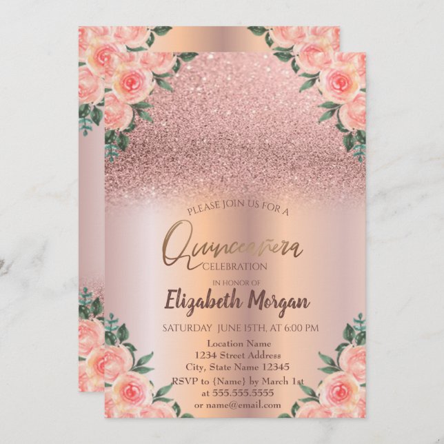 Invitación Elegante Rosa Ombre Floral Quinceañera (Anverso / Reverso)