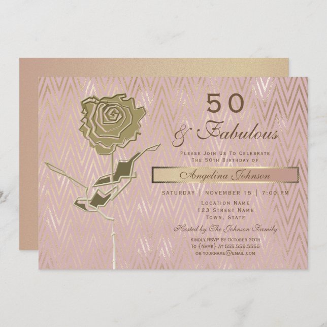 Invitación Elegante Rosa Oro 50 cumpleaños (Anverso / Reverso)