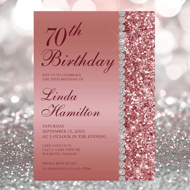Invitación Elegante Rosa Oro 70.º cumpleaños de la foto (Subido por el creador)