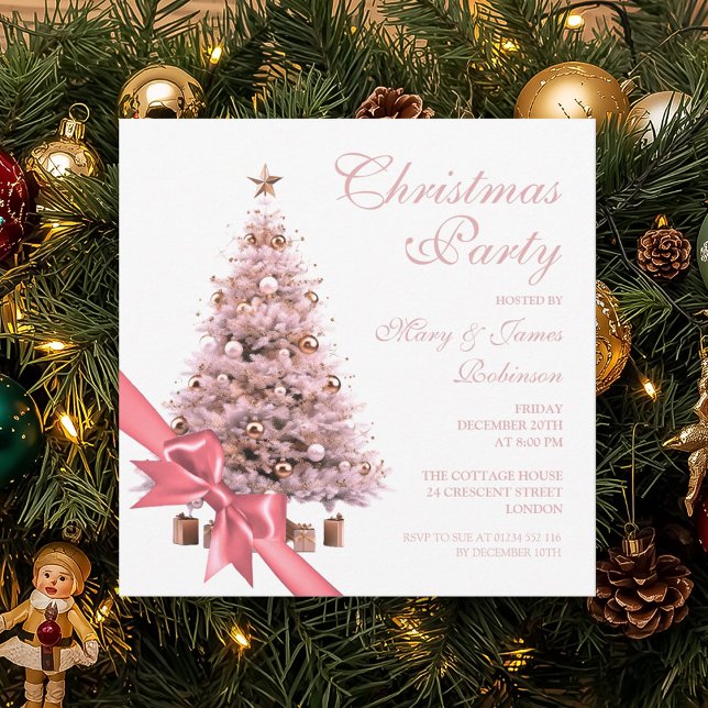 Invitación Elegante Rosa Oro Árbol de Navidad Bow Holiday (Subido por el creador)