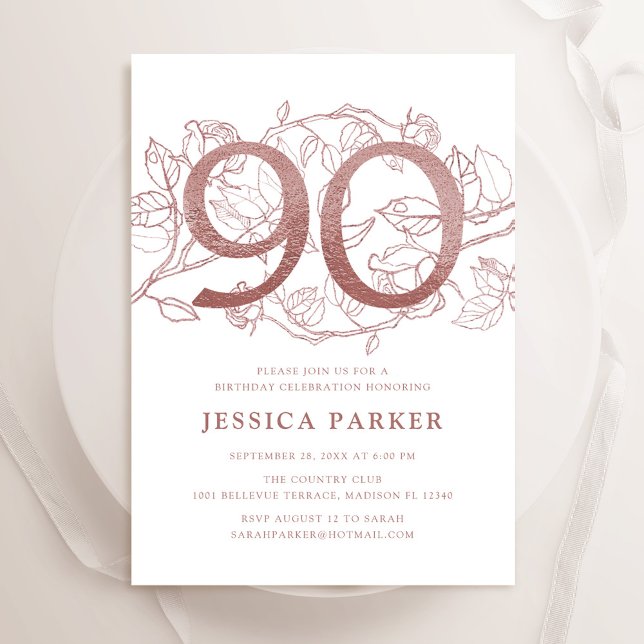 Invitación Elegante Rosa Oro Blanco 90 cumpleaños (Subido por el creador)