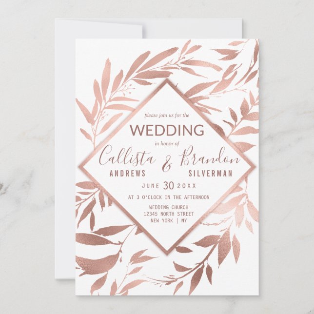 Invitación Elegante Rosa Oro Blanco Floral Leaves Boda (Anverso)