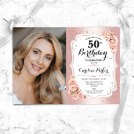 Invitación Elegante Rosa Oro Blanco Foto 50 cumpleaños<br><div class="desc">Elegante invitación de 50 años floral femenina con tu foto. Diseño de vidrio con oro falso rosa. Cuenta con rosas rosas rosas rosas negras, fuente de guiones y confiti. Perfecto para un elegante fiesta de celebración de cumpleaños. Personaliza con tus propios detalles. ¡Se puede personalizar para cualquier edad! Invitaciones Zazzle...</div>