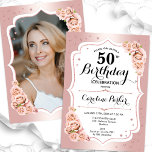 Invitación Elegante Rosa Oro Blanco Foto 50 cumpleaños<br><div class="desc">Elegante invitación de 50 años floral femenina con tu foto al fondo de la tarjeta. Diseño de vidrio con oro rosa falso purpurina. Cuenta con rosas rosas rosas rosas negras, fuente de guiones y confiti. Perfecto para un elegante fiesta de celebración de cumpleaños. Personaliza con tus propios detalles. ¡Se puede...</div>
