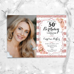 Invitación Elegante Rosa Oro Blanco Foto 50 cumpleaños<br><div class="desc">Elegante invitación de 50 años floral femenina con tu foto. Glam, diseño blanco y rosa rubor con oro rosa purpurina falso. Presenta rayas, rosas rojas, letra de guión y confeti. Perfecto para un elegante fiesta de celebración de cumpleaños. Personaliza con tus propios detalles. ¡Se puede personalizar para cualquier edad! Invitaciones...</div>