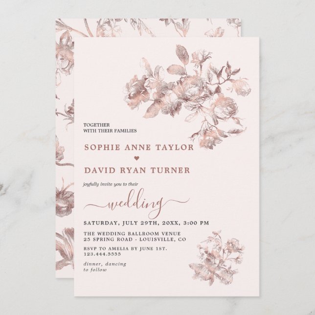 Invitación Elegante Rosa Oro Boda de tela floral francesa (Anverso / Reverso)