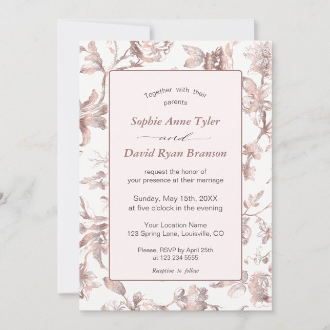 Invitación Elegante Rosa Oro Boda Floral de tela francesa (Anverso)