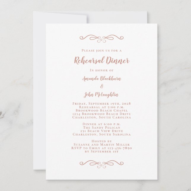 Invitación Elegante Rosa Oro Boda formal Ensayo Cena (Anverso)