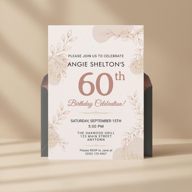 Invitación Elegante Rosa Oro Botánico Cumpleaños 60 (Subido por el creador)