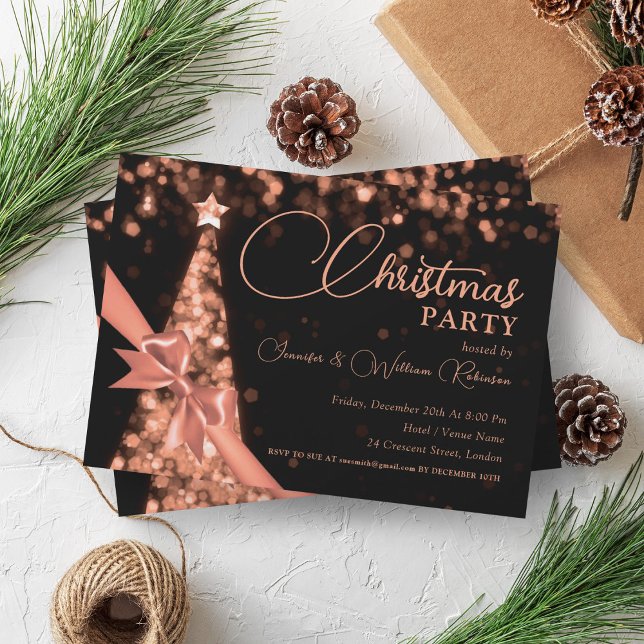 Invitación Elegante Rosa Oro Brillante Navidad Árbol vacacion (Elegant Rose Gold Shimmering Xmas Tree Holiday Invitation)