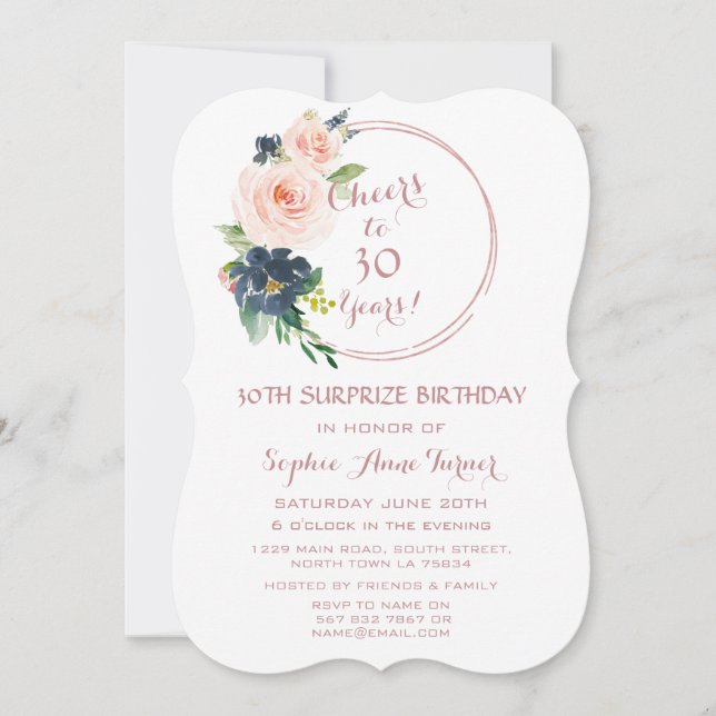 Invitación Elegante Rosa Oro Bush Flores Azules 30 cumpleaños (Anverso)