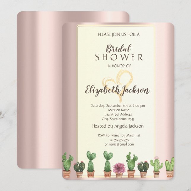 Invitación Elegante Rosa Oro Cactus Bridal Shower (Anverso / Reverso)